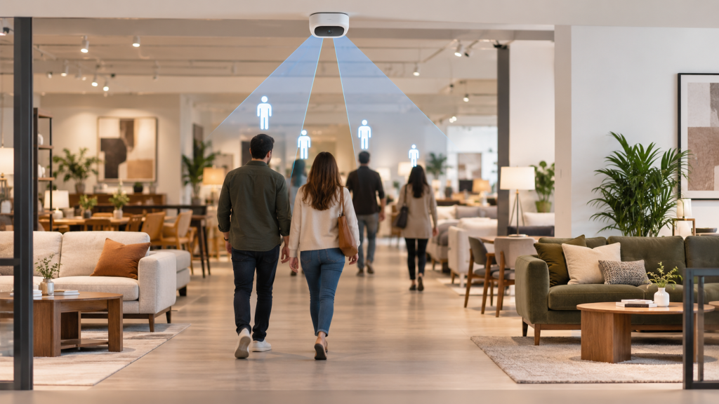 people walking into a furniture store being tracked by a people counter.